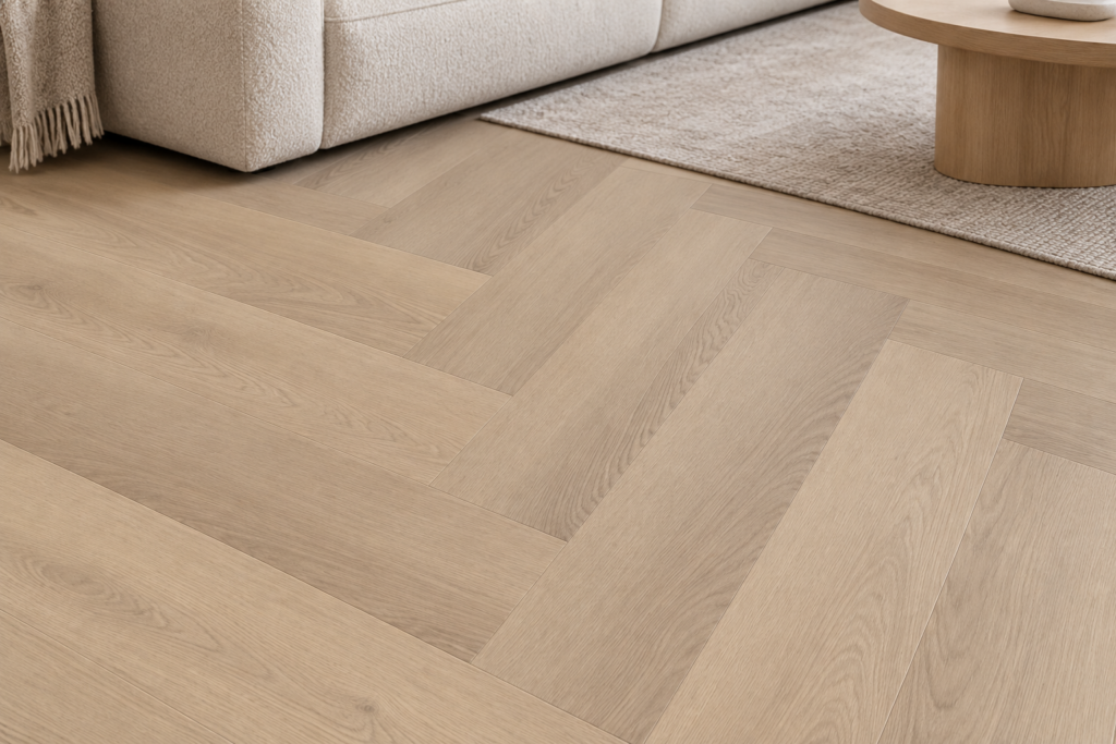 Sandy Beach PVC visgraat in een lichte woonkamer