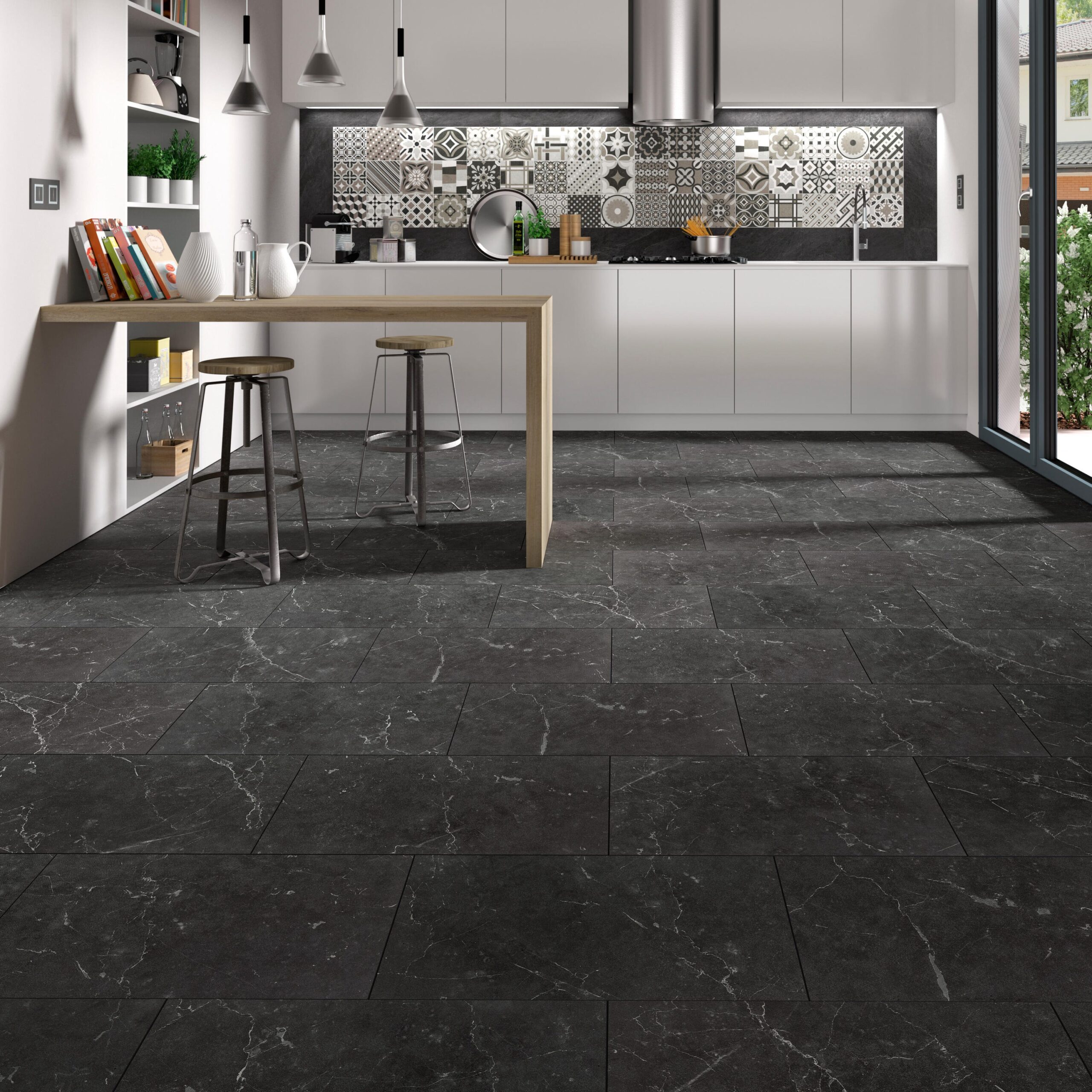 Keuken met Alsafloor Creativ Dalle 832 Marmo Noir zwarte marmerlook vloer