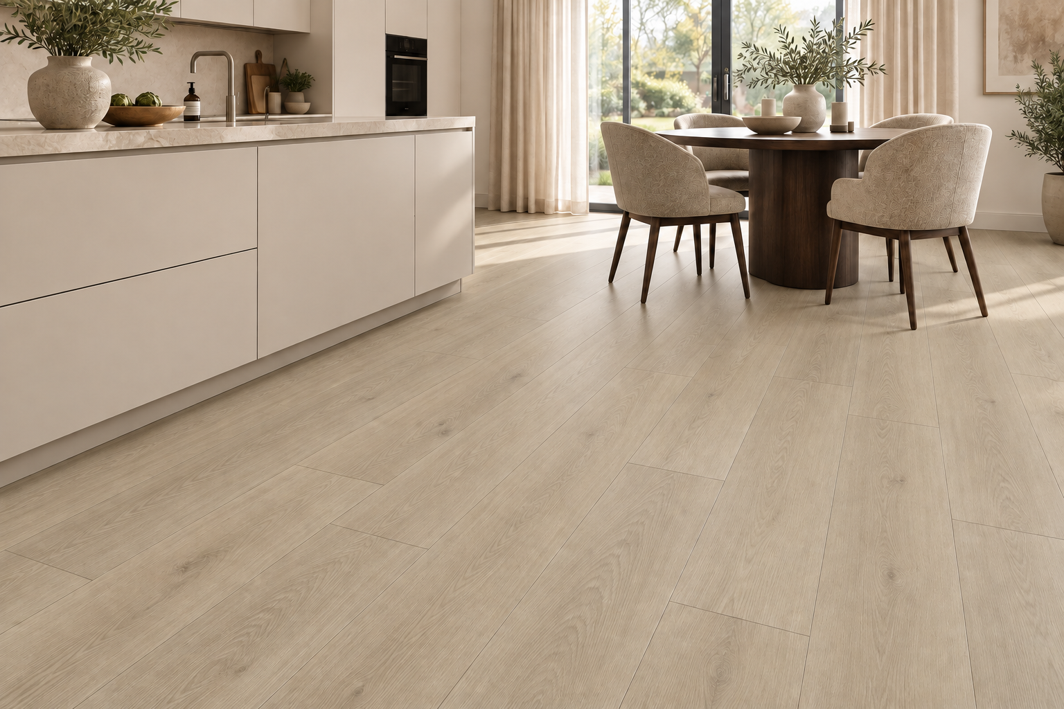 Monte Carlo klik-PVC in een moderne keuken en eetkamer, digitale sfeerimpressie