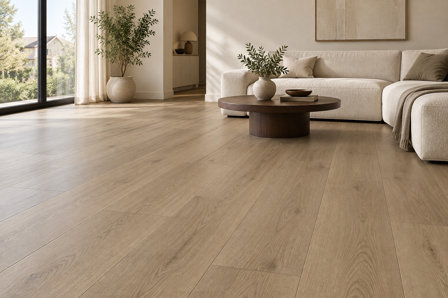 Sfeerimpressie van Magic Floors Saint Tropez eiken klik PVC in een lichte woonkamer