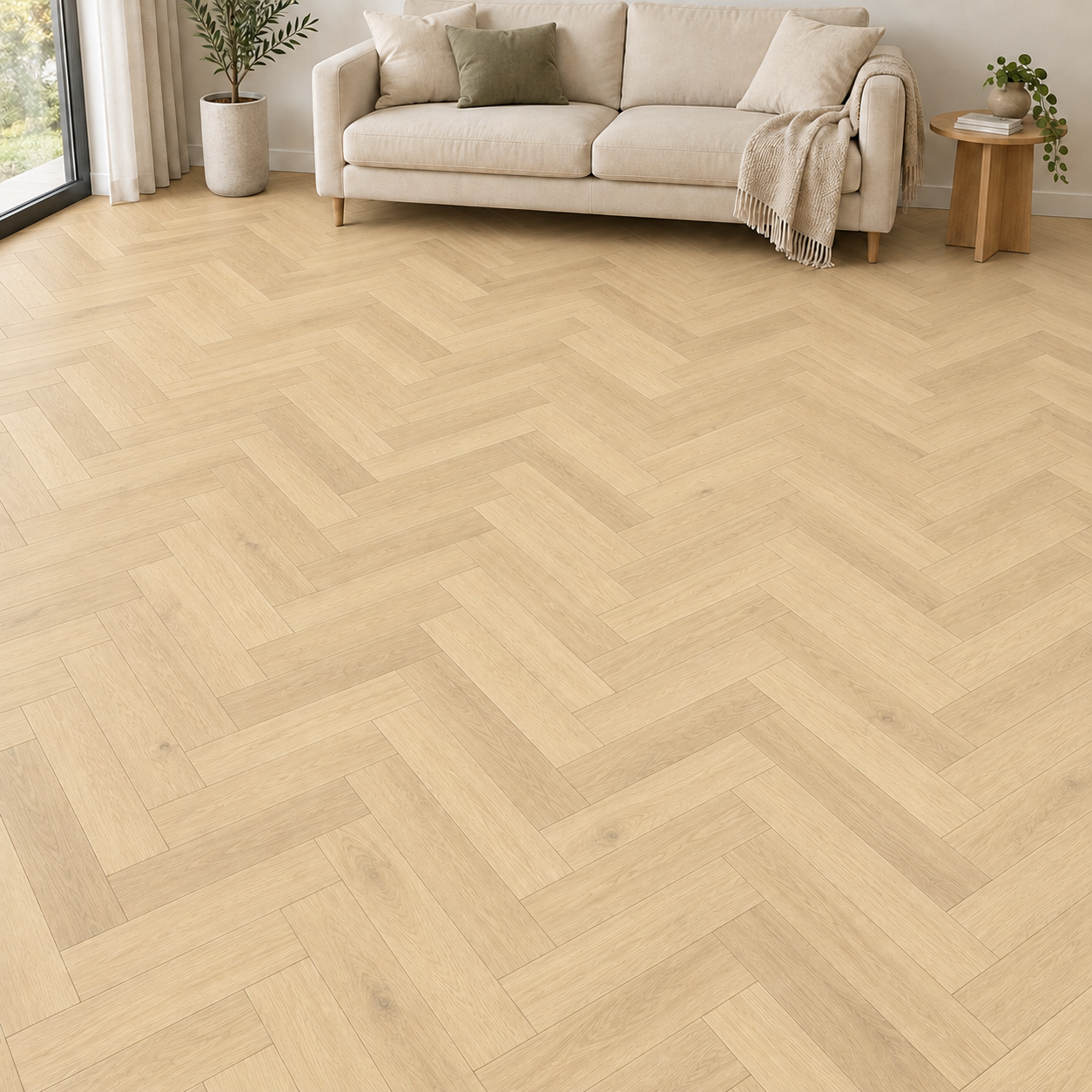 Sfeerimpressie van Beige eiken visgraat Directfloor in een lichte woonkamer