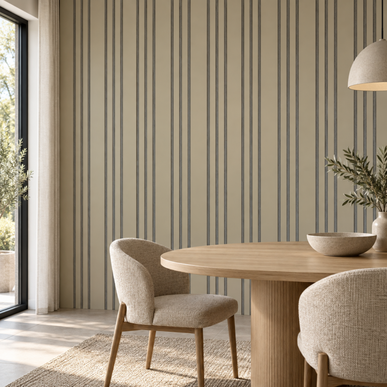 Dune Beige akoestische wandpanelen in een warm interieur — digitale sfeerimpressie