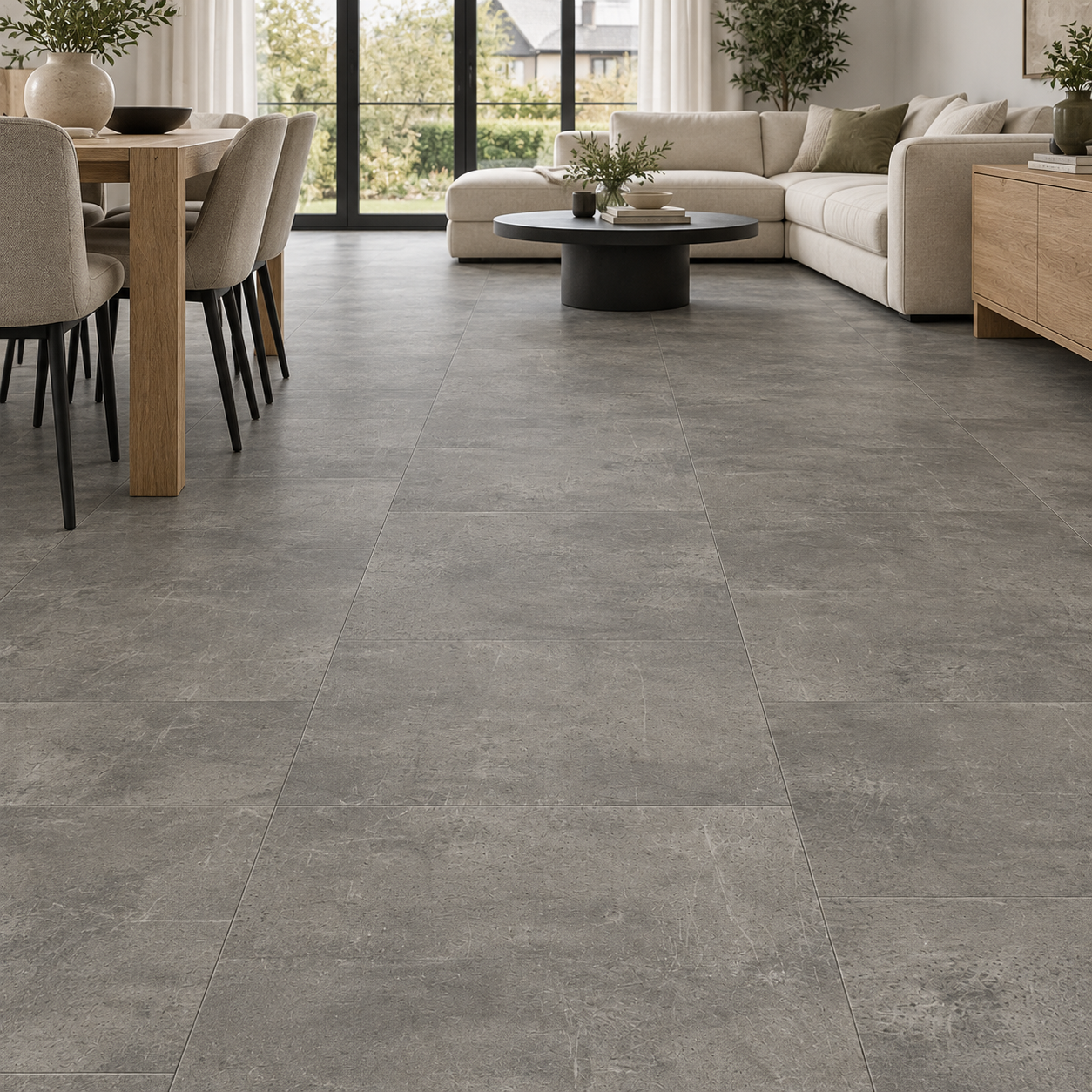 PVC Betonlook Urban Grijs in een woonkamer met lichte meubels en houten accenten